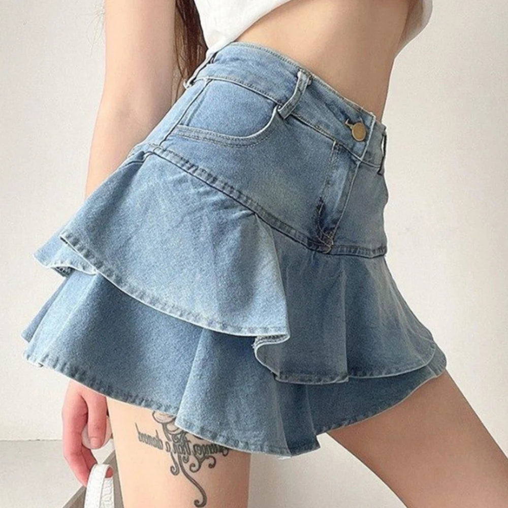 Denim Ruffle Mini Skirt